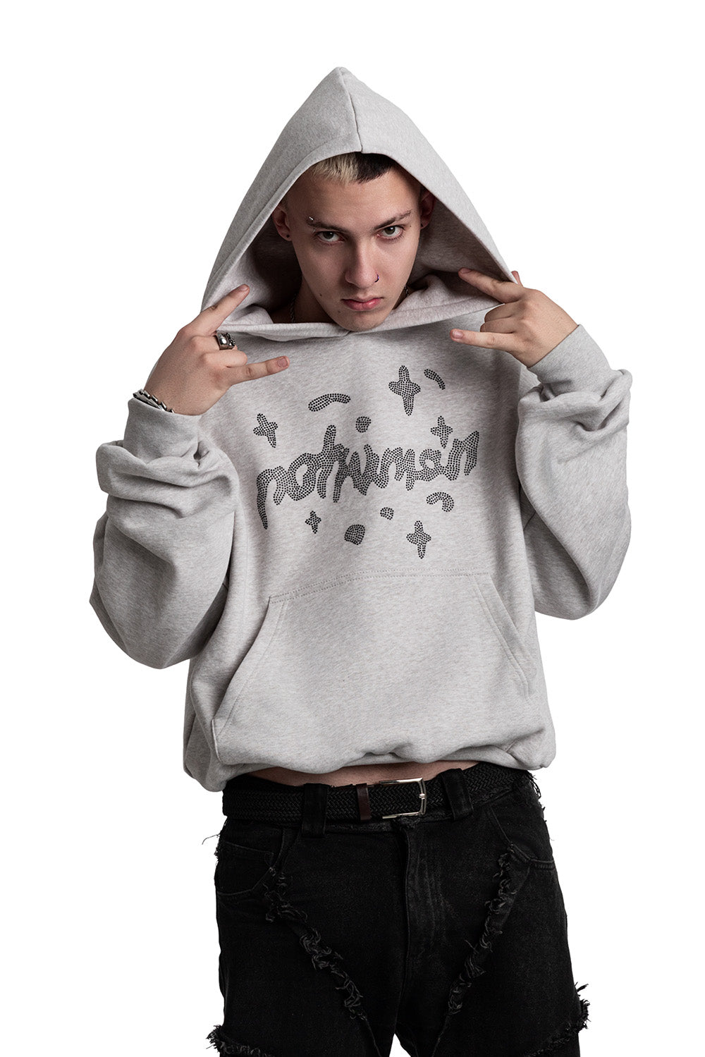 NoHuman Rhinestones Grey Hoodie