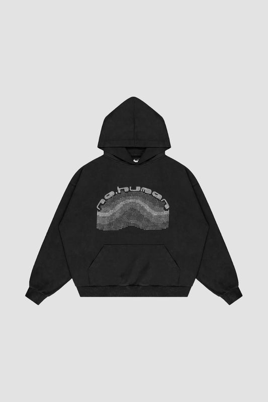 Washed Black Rhinestones Wave Logo Hoodie